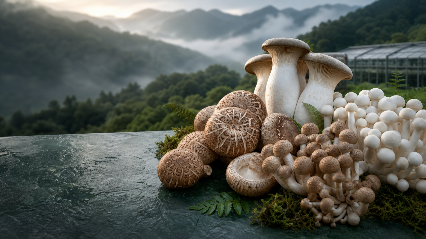 An illustrative selection of fresh mushrooms with Zhejiang mountains behind